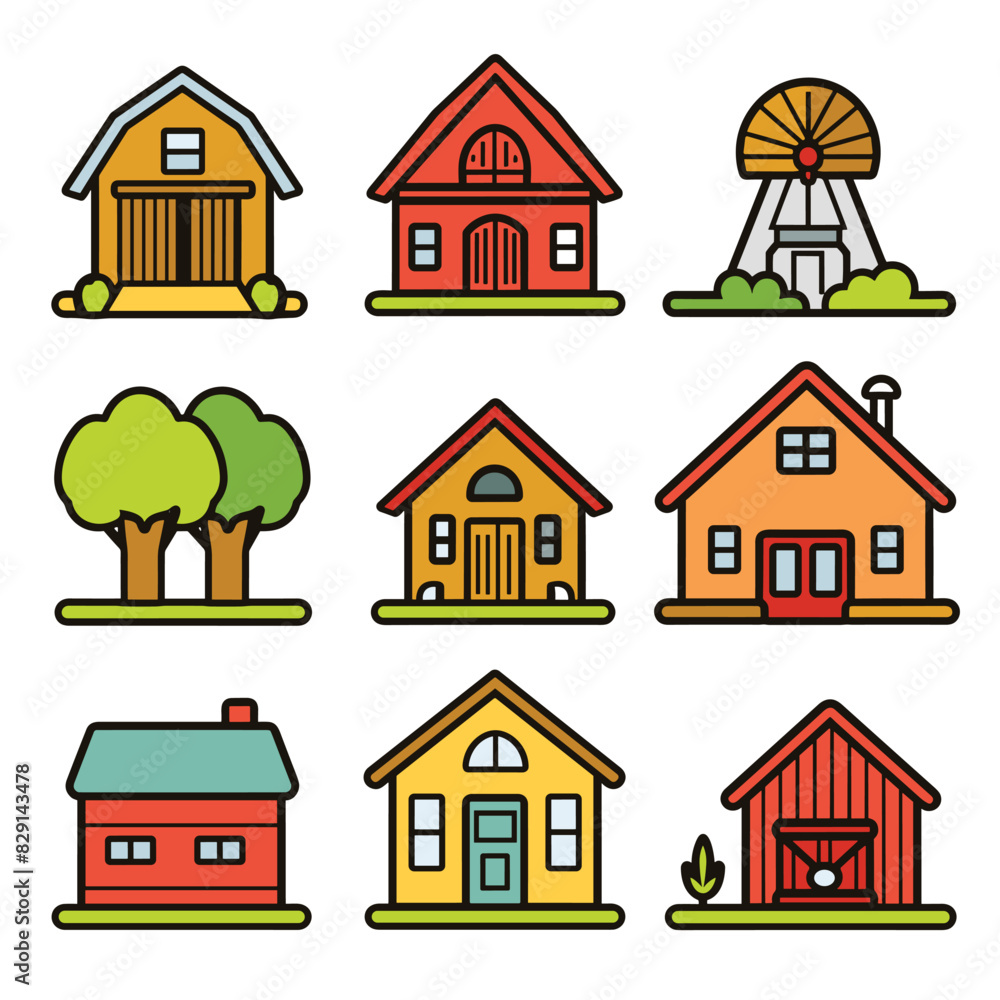 Fototapeta premium Collection colorful cartoon houses windmill, all outlines set against white background. Different styles homes trees show variety architecture landscape elements, building has unique features, roofs