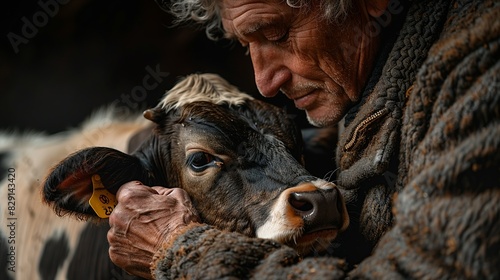 A farmer's hands milking a cow, showing the gentle yet firm grip on the udders. Minimal and Simple style