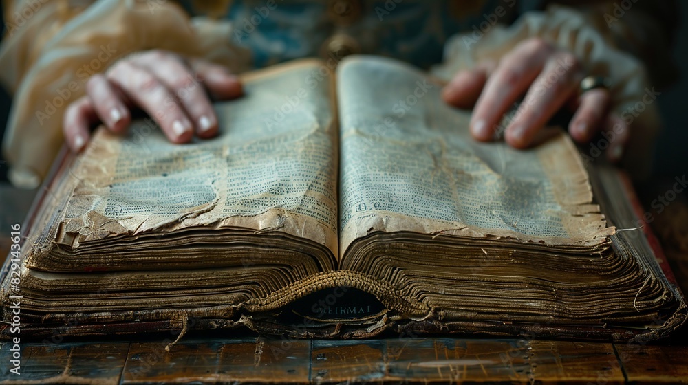 Obraz premium A librarian's hands carefully turning the pages of an old, delicate book, showing the texture of the paper. Minimal and Simple style