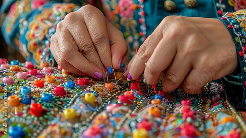 A tailor's hands pinning fabric pieces together before sewing, using colorful pins. Minimal and Simple style