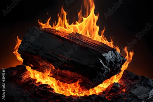 A large log is on fire, with the flames reaching up to the sky