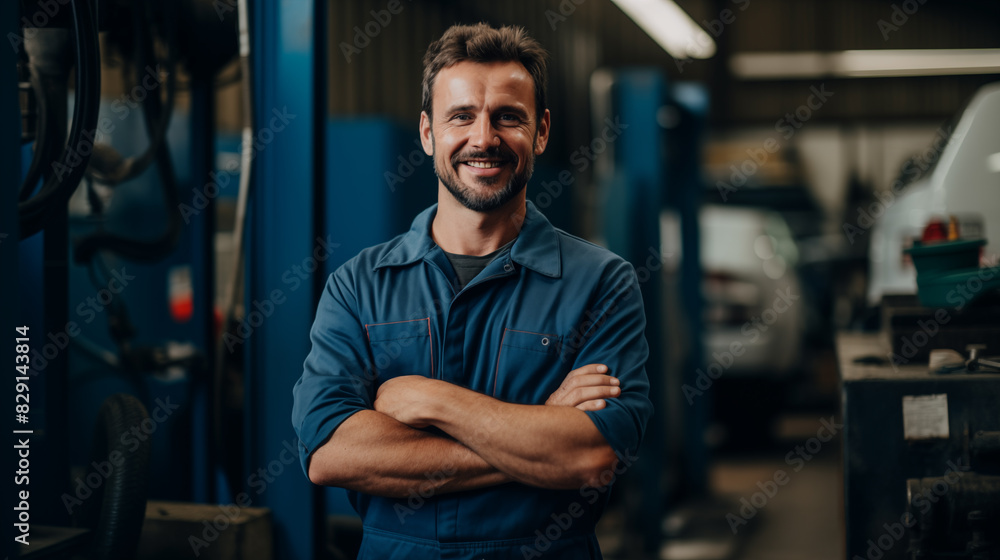 Happy Mechanic Man in Solid Color Attire at Garage Studio Happy Mechanic Man in Solid Color Attire at Garage Studio