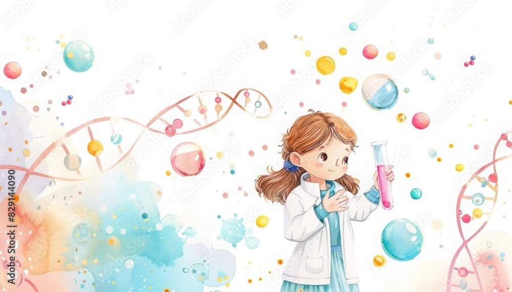 A watercolor clipart of a cute scientist holding a simplified test tube with a pastelcolored liquid A watercolor clipart of a cute scientist holding a simplified test tube with a pastelcolored liquid