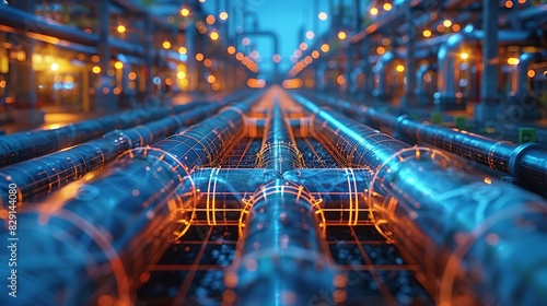 Overlay of pipeline system blueprints with images of extensive modern pipeline networks. Minimal and Simple style photo