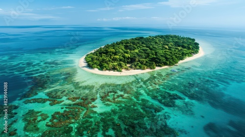 An aerial view of a tropical island with lush greenery, white sandy beaches, and clear blue waters stretching to the horizon, providing ample space for text or promotional messages