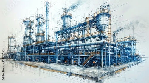 Wallpaper Mural Construction sketches of chemical reactors superimposed on real chemical plant setups. Minimal and Simple style Torontodigital.ca