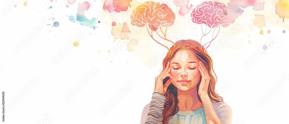 A watercolor clipart of a cute woman holding her temples with a pastelcolored brain and gentle neural connections above her head A watercolor clipart of a cute woman holding her temples with a pastelcolored brain and gentle neural connections above her head
