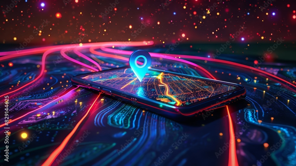 An abstract, surreal image of a smartphone showing a map with a floating, luminous location pin, set on a cosmic road with stars and colorful light trails in the background An abstract, surreal image of a smartphone showing a map with a floating, luminous location pin, set on a cosmic road with stars and colorful light trails in the background