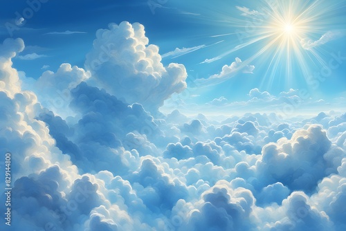 The sky is filled with fluffy white clouds and a bright sun shining through them