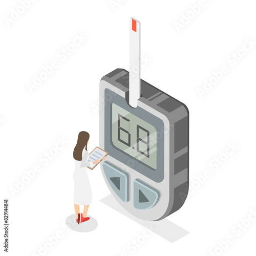 3D Isometric Flat Illustration of Blood Sugar Test, Measuring Glucose in Blood with Glucometer. Item 3