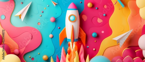 An illustration of a whimsical, colorful rocket surrounded by playful, cartoonish paper airplanes, set against a vibrant, imaginative background with creative elements photo