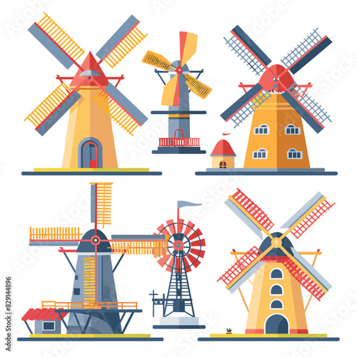 Collection traditional windmills, different designs, colorful, flat style isolated white background. European Dutch windmills, farm windmill, mechanical rural agriculture structures. Variety