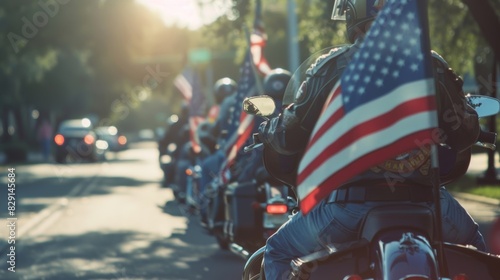 A group of veterans riding on motorcycles adorned with American flags honoring the brave men and women who fought for Texas independence.
