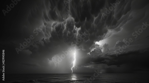An ominous dark sky is split in two by a brilliant bolt of lightning followed by a deafening crack of thunder.