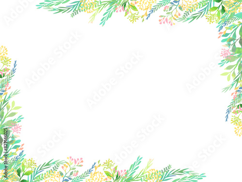 カラフルな手描きの植物のイラストを使用した、縦長のテンプレート