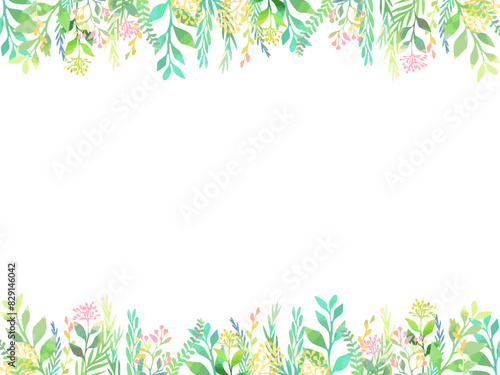カラフルな手描きの植物のイラストを使用した、縦長のテンプレート