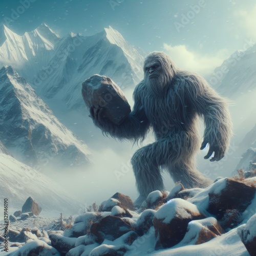 A sharp, detailed image of a Yeti holding a large rock, in a snowy Himalayan mountain, ready to throw