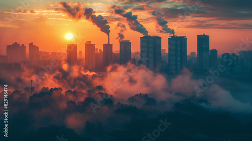 A city skyline enveloped in smog and pollution.