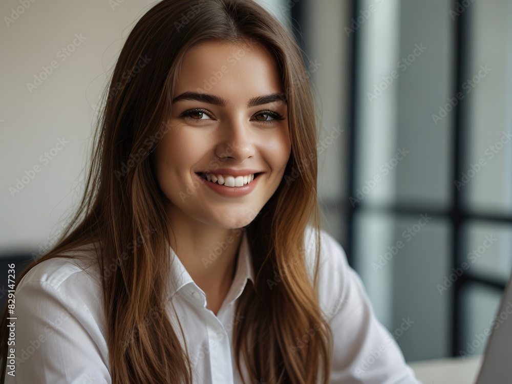 A close-up portrait of a young, beautiful woman smiling. A close-up portrait of a young, beautiful woman smiling.