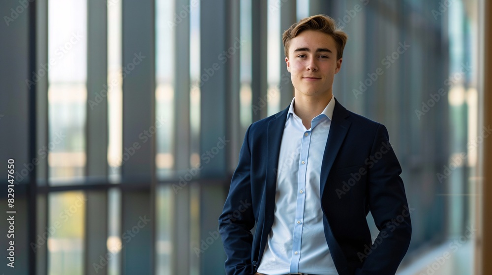 Confident Young Professional Standing in Modern Office Setting - Generative AI Confident Young Professional Standing in Modern Office Setting - Generative AI