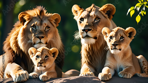 Lion family in the safari savannah, Generative AI