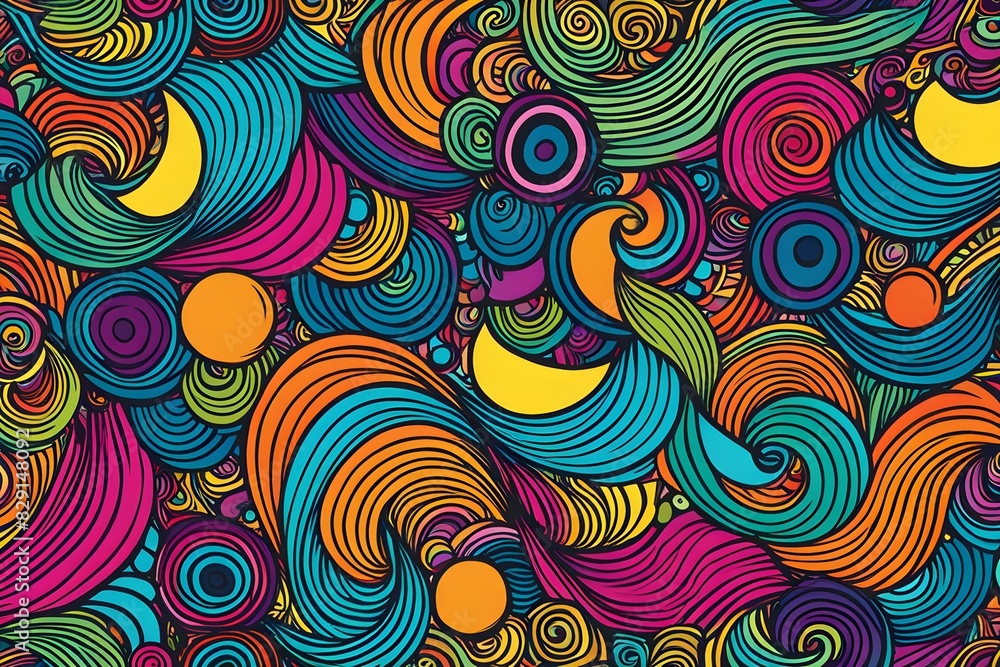 A colorful, abstract painting of waves and circles