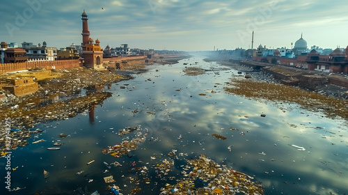 A polluted river running through an urban city