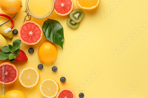Top view of various citrus fruits kiwi banana blueberries and strawberries on a yellow background