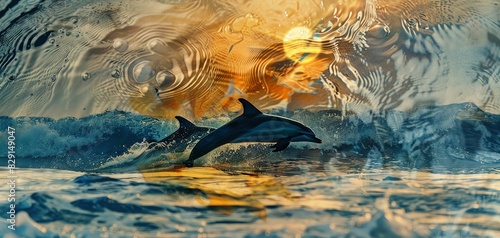 Two dolphins leap through a swirling, colorful ocean with a sun setting in the distance.
