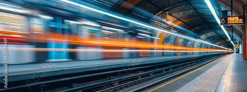 motion blur from an electric train passing by in a subway station  long exposure effects and a sense of speed. vibrant colors and dynamic lines add energy. generative AI