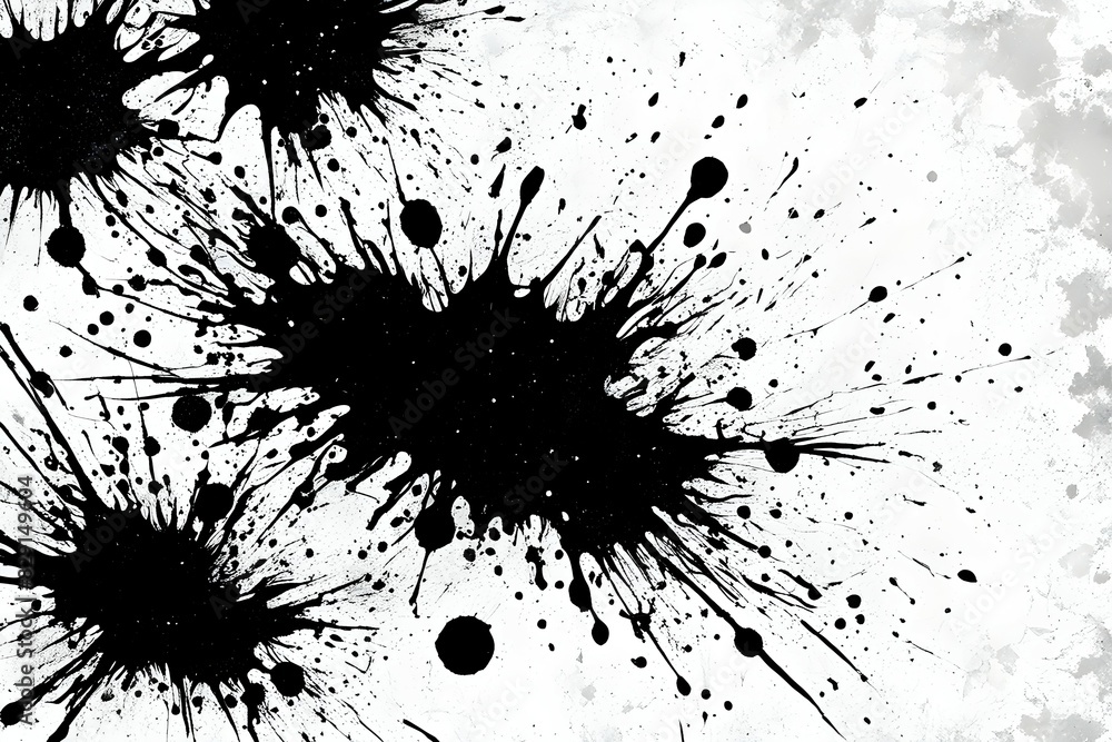The image is of black paint splatters on a white background The image is of black paint splatters on a white background