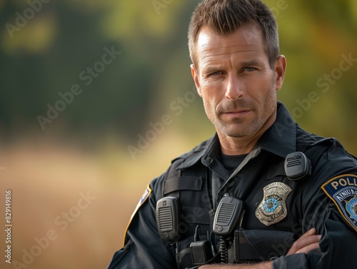 A police officer stands with his arms crossed and a stern look on his face. He is wearing a black uniform