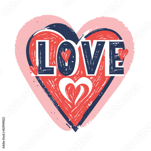 Grungy heartshaped graphic word LOVE, distressed texture. Pink navy blue color scheme, romantic love concept, artistic design. Valentines Day greeting card, bold text inside heart illustration
