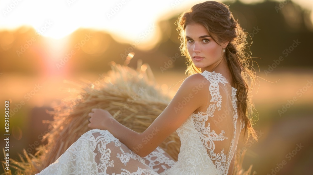 A bridal portrait captures the bride sitting on a stack of hay bales the setting sun creating a warm glow and highlighting her beautiful lace dress. A bridal portrait captures the bride sitting on a stack of hay bales the setting sun creating a warm glow and highlighting her beautiful lace dress.
