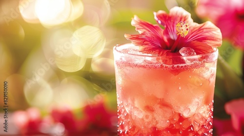 A tropicalinspired beverage with a hibiscus flower garnish featuring a mix of rum coconut water and guava juice. photo