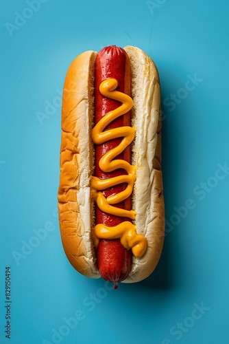 A delicious hot dog with mustard and ketchup, nestled in a soft bun, on a solid blue background