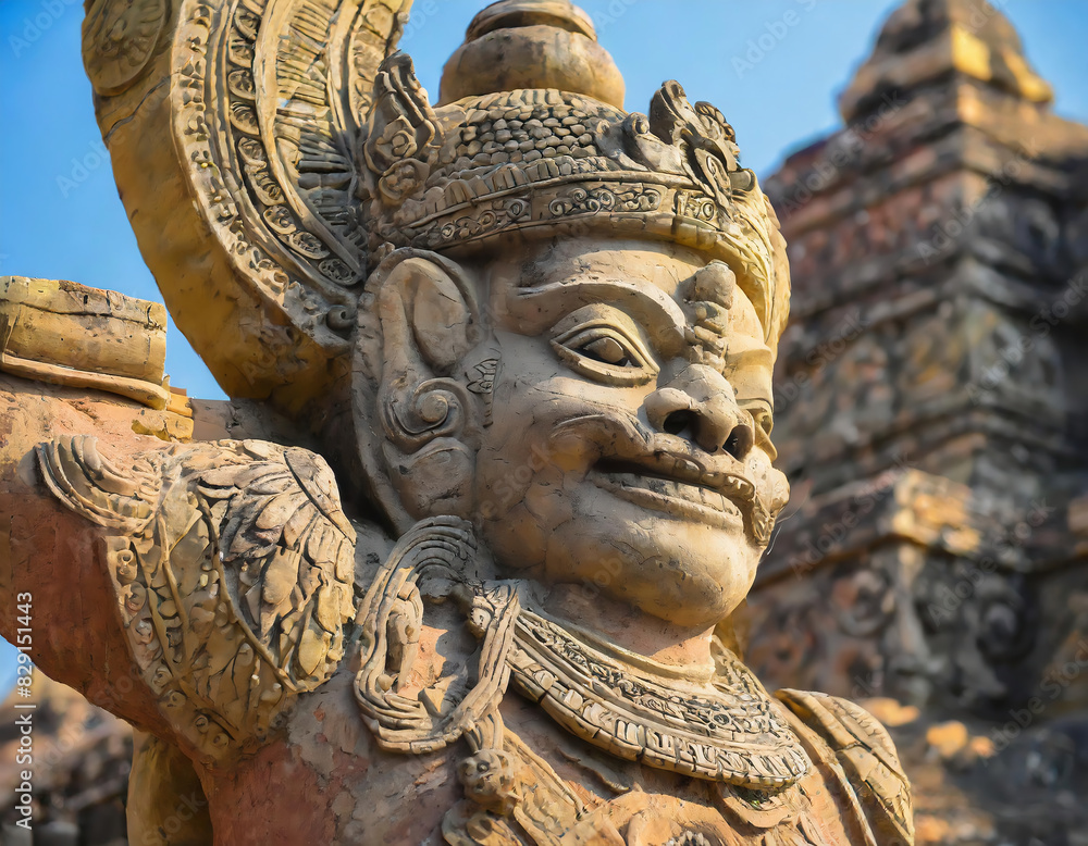 An ancient statue representing the concepts of illness, disability and misfortune standing in front of the temple An ancient statue representing the concepts of illness, disability and misfortune standing in front of the temple