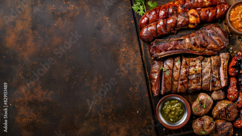 argentinean asado meats assortment with vegetables on a rustic background with copy space photo