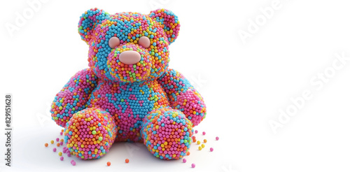 colorful candy coated teddy bear on a white background photo