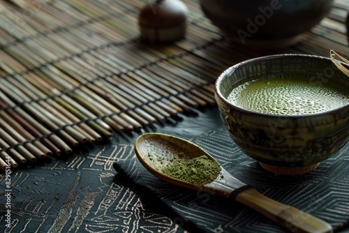 Organic green matcha tea and tea accessories on japanese mat on black background. Japanese tea ceremony concept. Chashaku spoon and chasen bamboo whisk for brewing matcha tea - generative ai