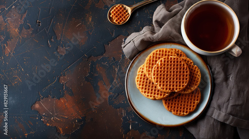 dutch stroopwafels and hot tea served on a ceramic plate, cozy arrangement with free space for text photo