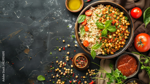 egyptian koshari with lentils, rice, and pasta in a rustic bowl, traditional street food top view with copy space