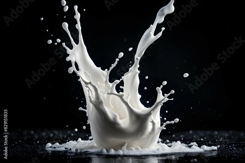 A splash of milk is shown in a black background