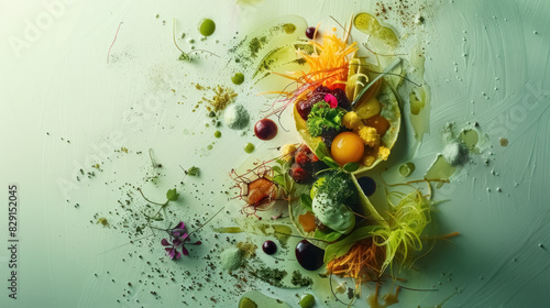 Fototapeta Naklejka Na Ścianę i Meble -  aerial shot of a deconstructed molecular gastronomy dish on light background