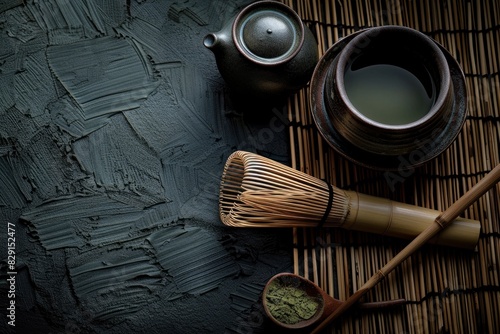 Organic green matcha tea and tea accessories on japanese mat on black background. Japanese tea ceremony concept. Chashaku spoon and chasen bamboo whisk for brewing matcha tea - generative ai