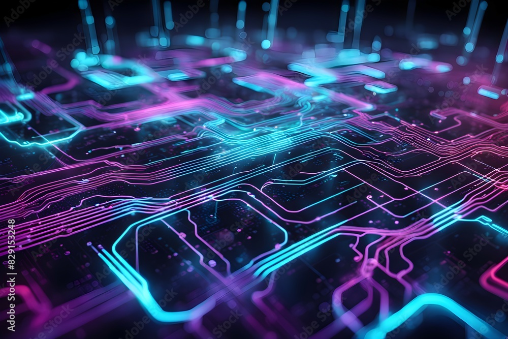 A colorful computer chip with purple, blue and pink lines A colorful computer chip with purple, blue and pink lines