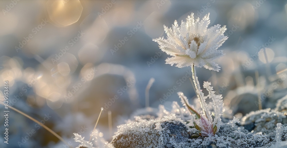 A macro shot of a frost flower showcasing its delicate and fragile nature as it stands tall in the frozen tundra. A macro shot of a frost flower showcasing its delicate and fragile nature as it stands tall in the frozen tundra.