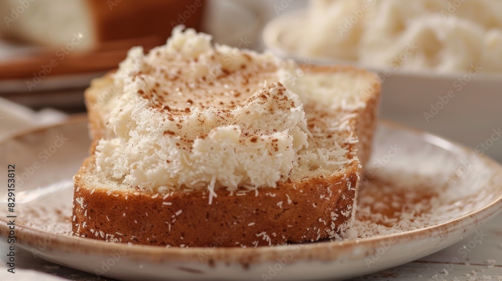 A warm slice of coconut bread topped with a generous smear of creamy coconut butter and a sprinkle of cinnamon. A warm slice of coconut bread topped with a generous smear of creamy coconut butter and a sprinkle of cinnamon.