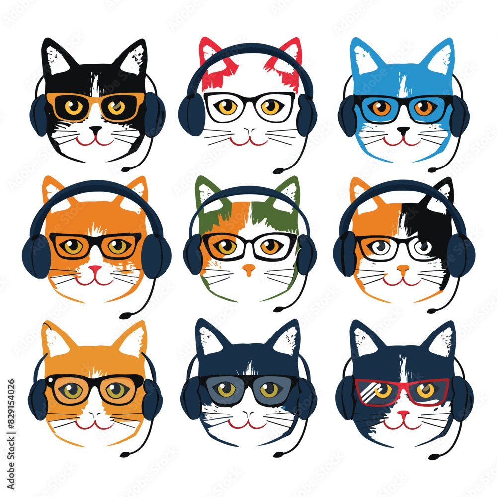 Nine different cats wearing colorful headphones, features distinct markings glasses, cat has unique look, various eye colors, fur patterns, accessories. Cartoonstyle feline faces express personality Nine different cats wearing colorful headphones, features distinct markings glasses, cat has unique look, various eye colors, fur patterns, accessories. Cartoonstyle feline faces express personality