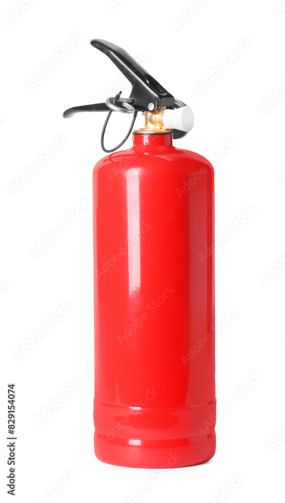 One red fire extinguisher on white background One red fire extinguisher on white background